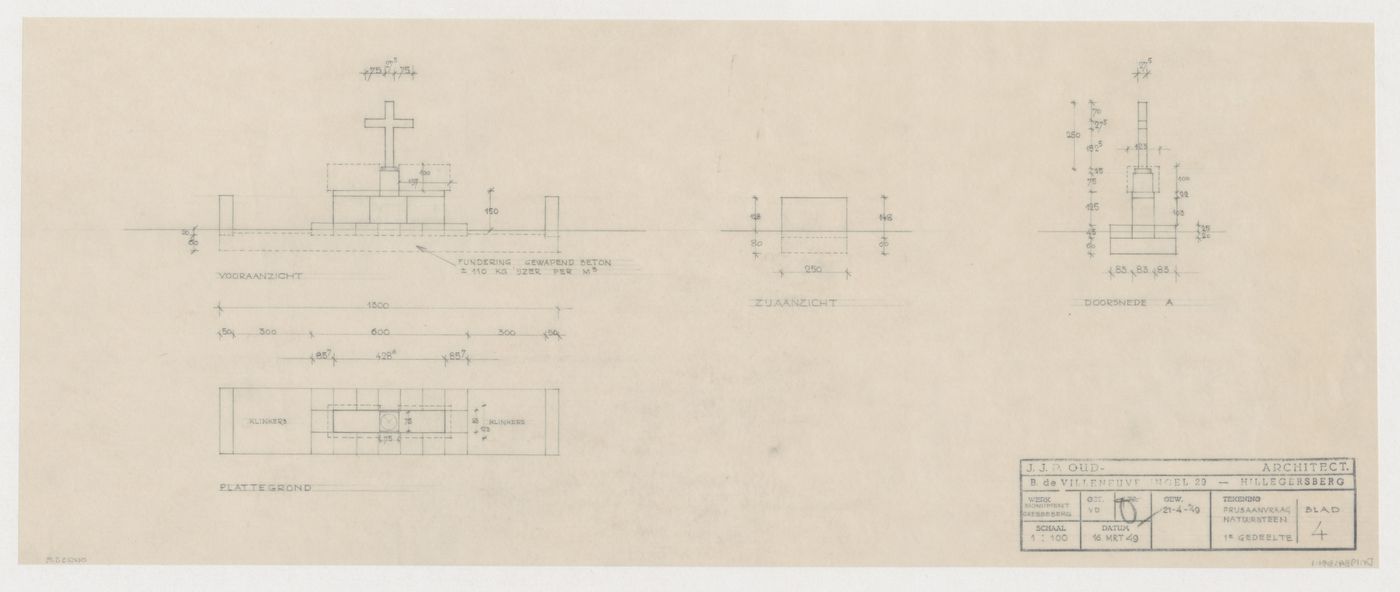 Ground plan, section, and front and side elevations for the Dutch Soldiers' Monument, Rhenen, Netherlands
