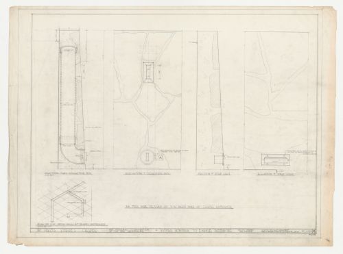 Wayfarers' Chapel, Palos Verdes, California: Plan, sections and elevations for southwest berm wall developed on an equilateral parallelogram grid, including collection box and step light