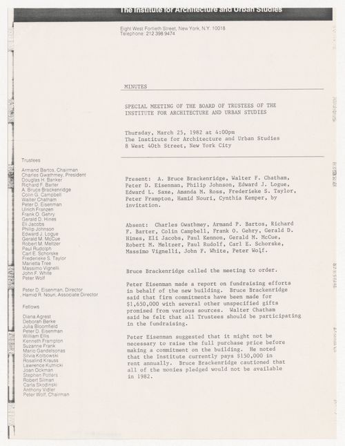 Memorandum from Cynthia Warrick Kemper to IAUS Trustees with attached minutes of meeting of the Board of Trustees and list of potential donors