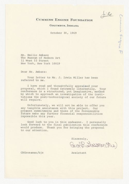 Letter from Carol B. Grossman to Emilio Ambasz responding to proposal for Institutions for a Post-Technological Society conference