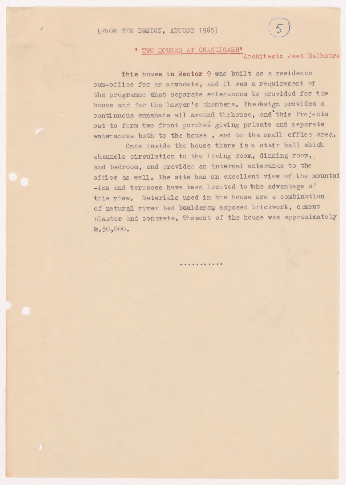 Text entitled “Two houses at Chandigarh”