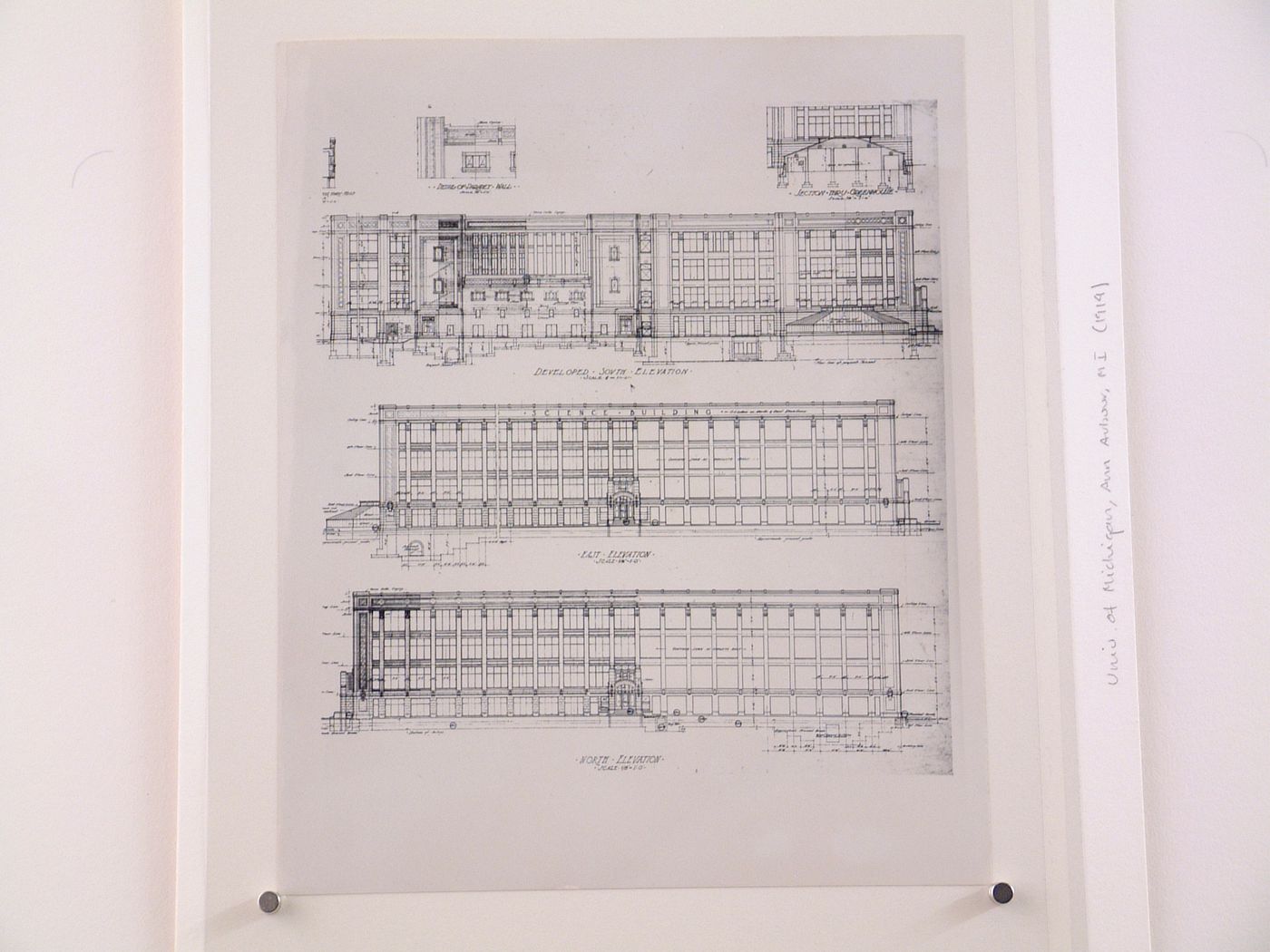 Photograph of the north, south, and east elevations, details for a parapet wall and a section through the greenhouse for the Natural Science Building (also known as the Krauss Natural Science Building), University of Michigan, Ann Arbor, Michigan