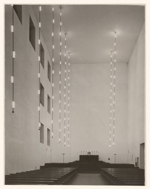 Interior of Church of Corpus Christi, looking down nave toward altar, Aachen, Germany
