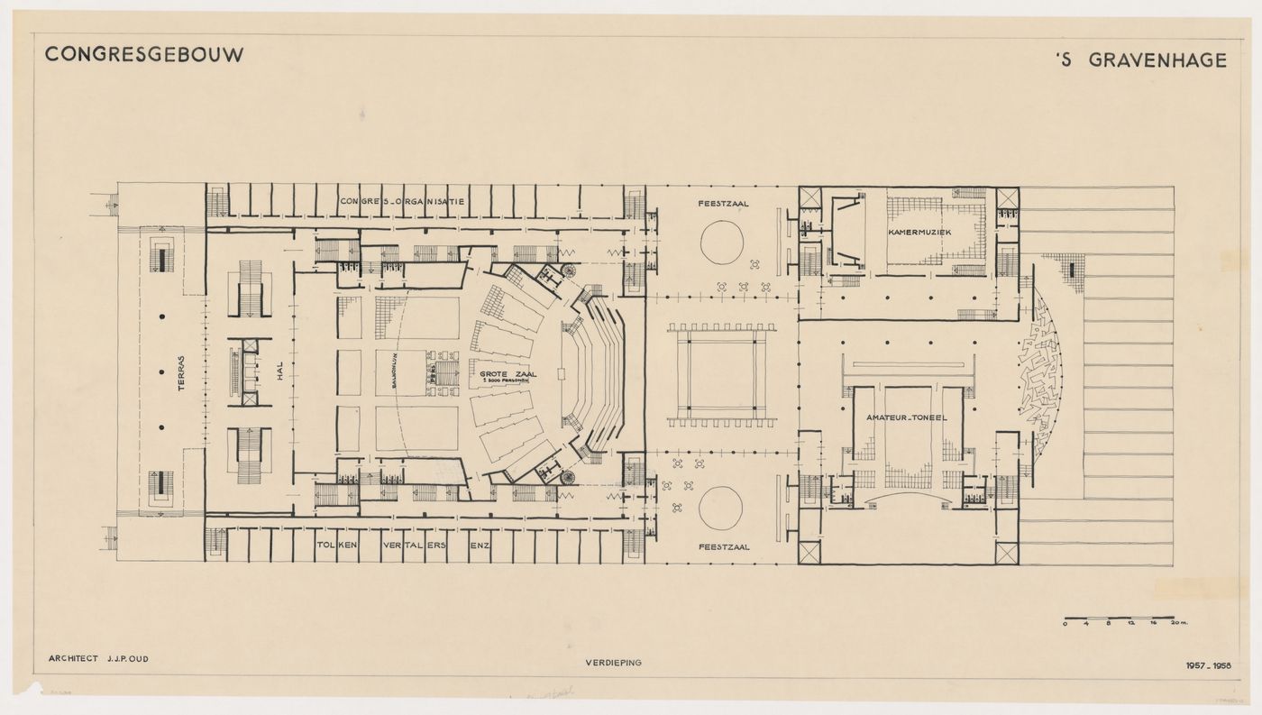 First floor plan showing the main auditorium, music room, and theatre for the Congress Hall Complex, The Hague, Netherlands