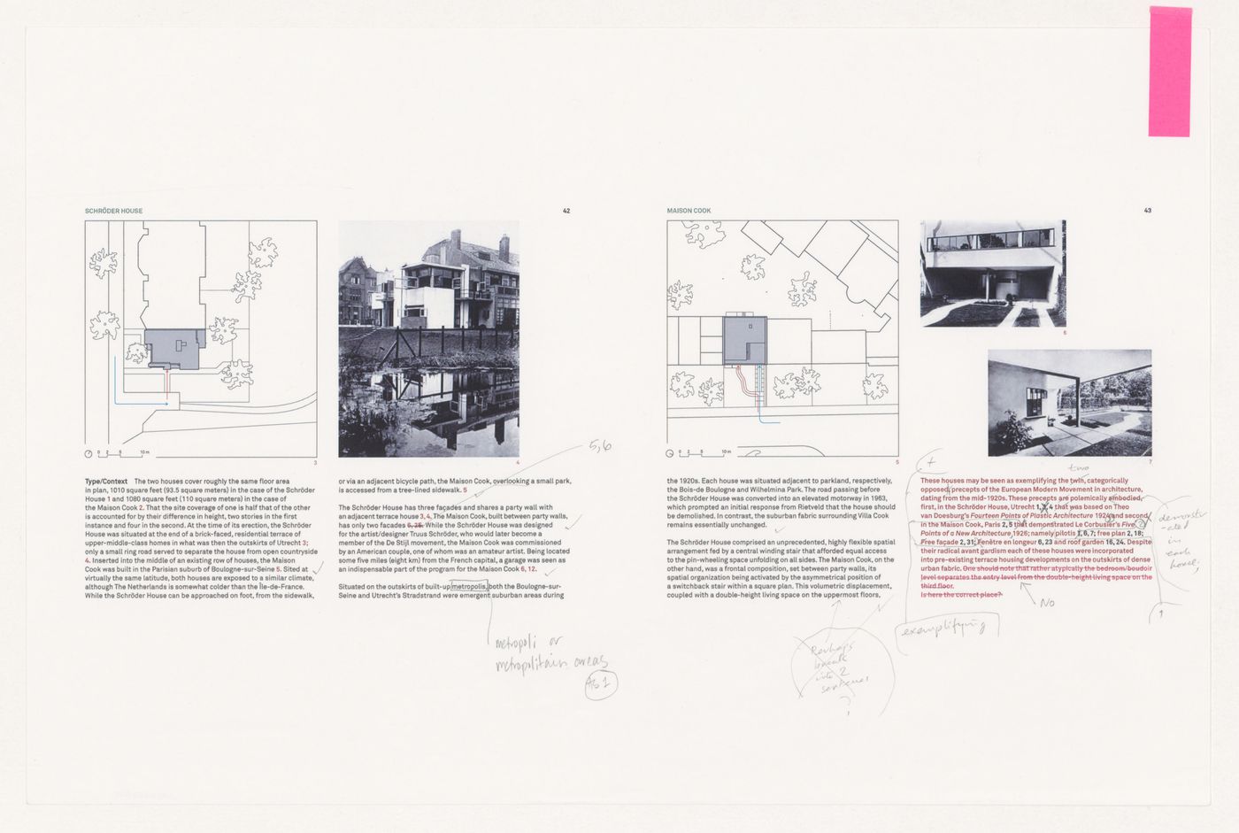 Draft of print layout with notes for "A Genealogy of Modern Architecture"