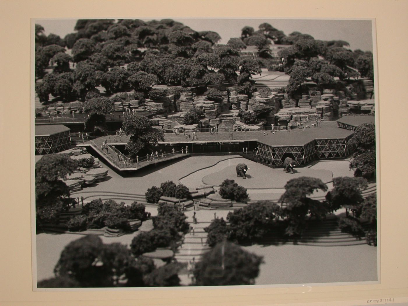 Photograph of a detail of a model for the Omaha Zoo showing the Prototype Hexagonal Buildings, Omaha, Nebraska