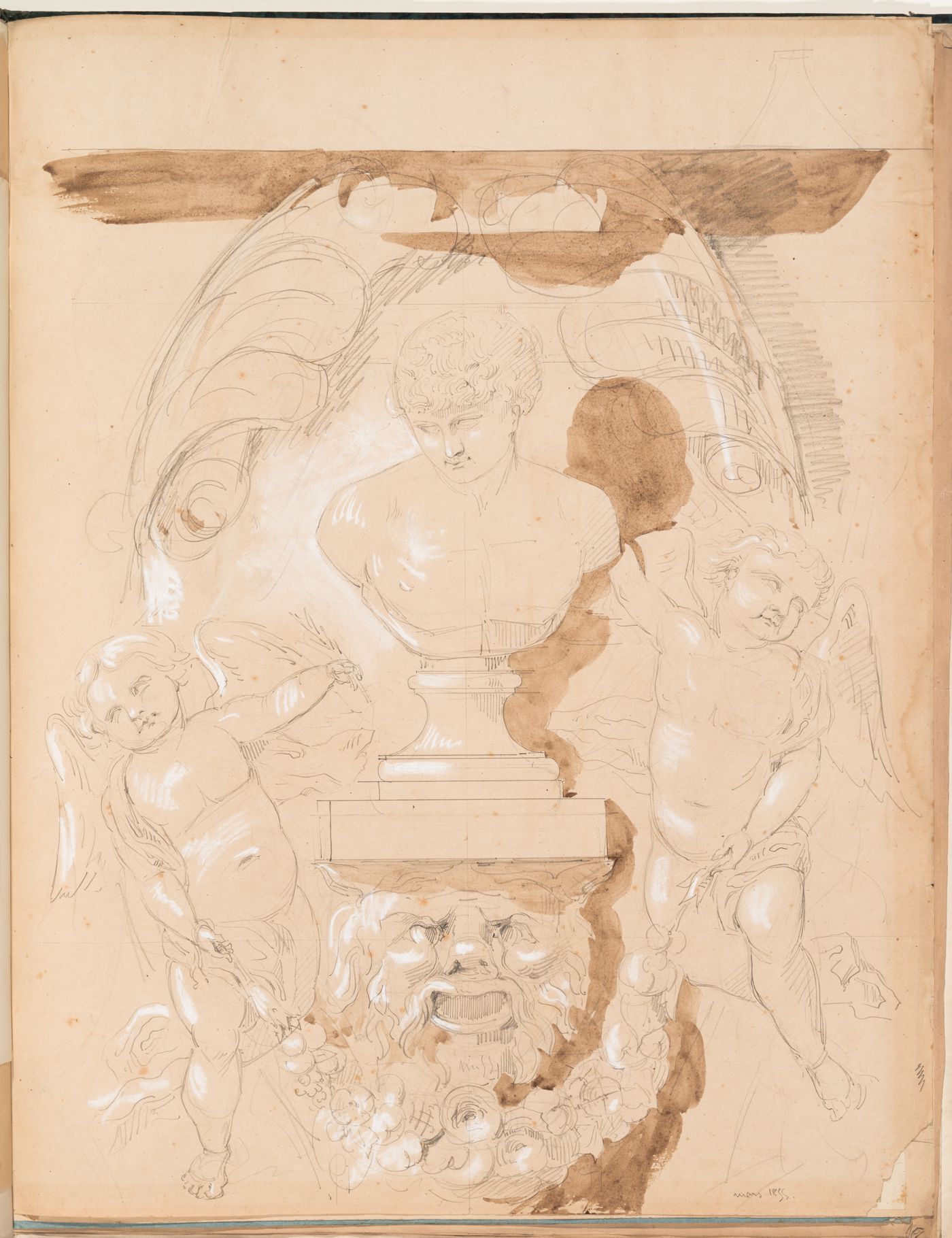 Study of a male bust, lion's head, and two putti holding a festoon