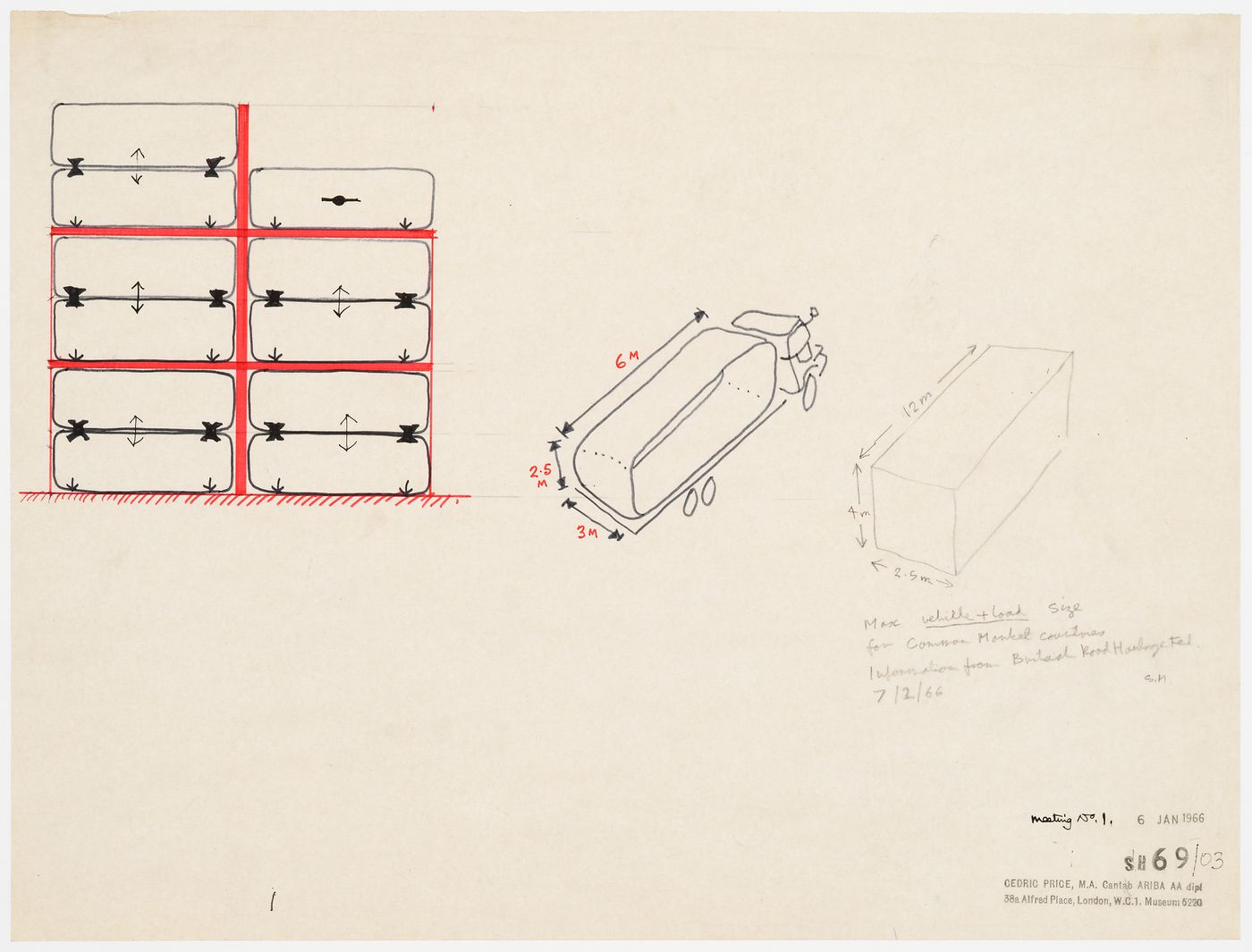 Steel Housing: sketch illustrating distribution of loads for superimposed units, with sketches and notes on vehicle and load size for transportation of units