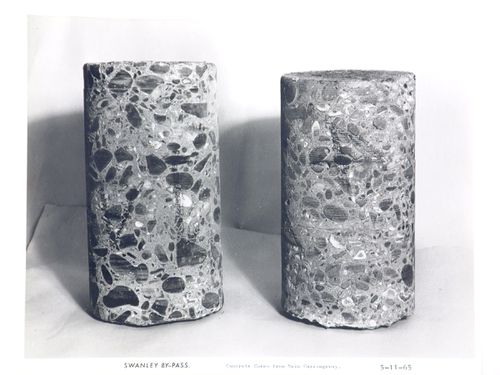 Studio view of concrete cores from main carriageway of the Swanley Bypass, England