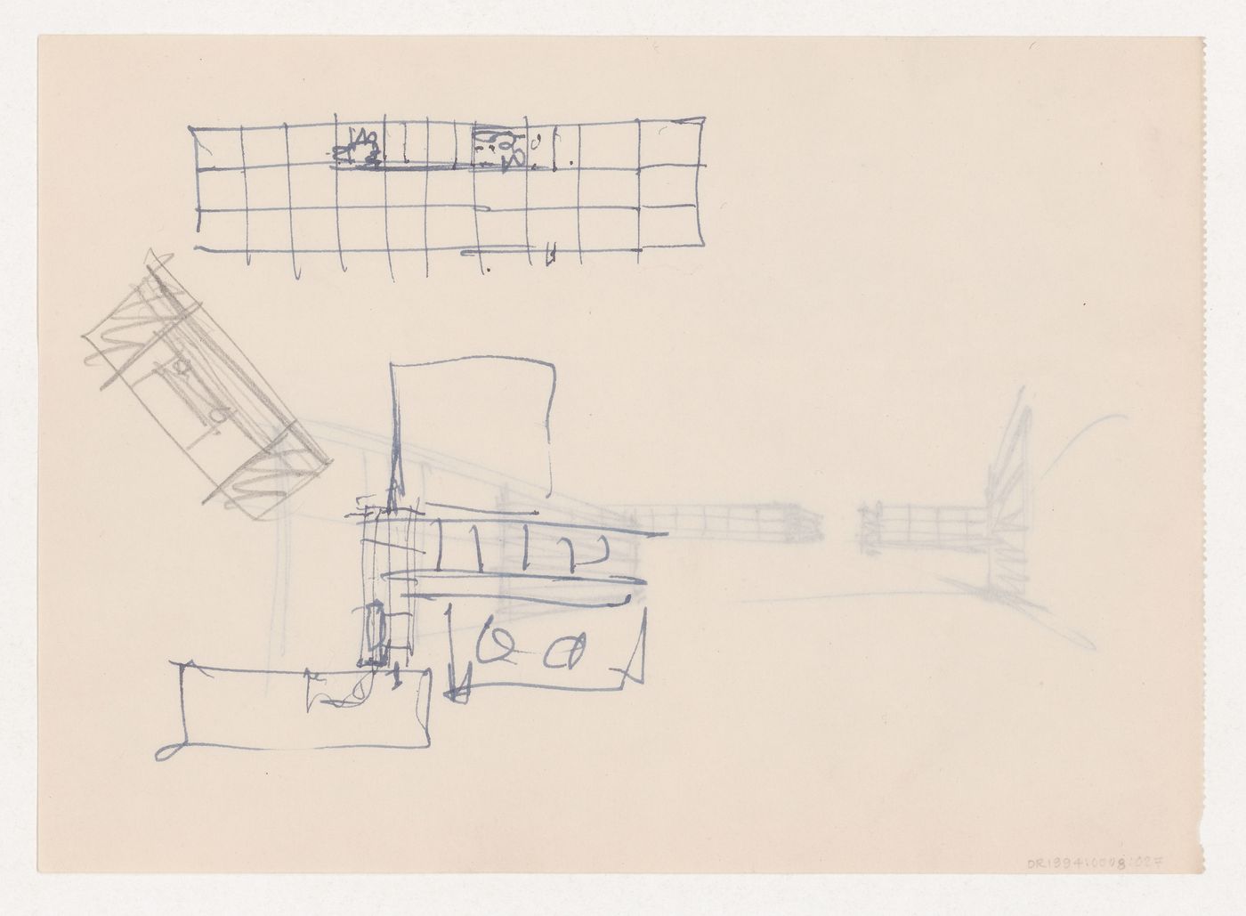 Perspective sketch for Illinois Institute of Technology; verso: Sketch block plan and sketch plans for campus buildings for Illinois Institute of Technology