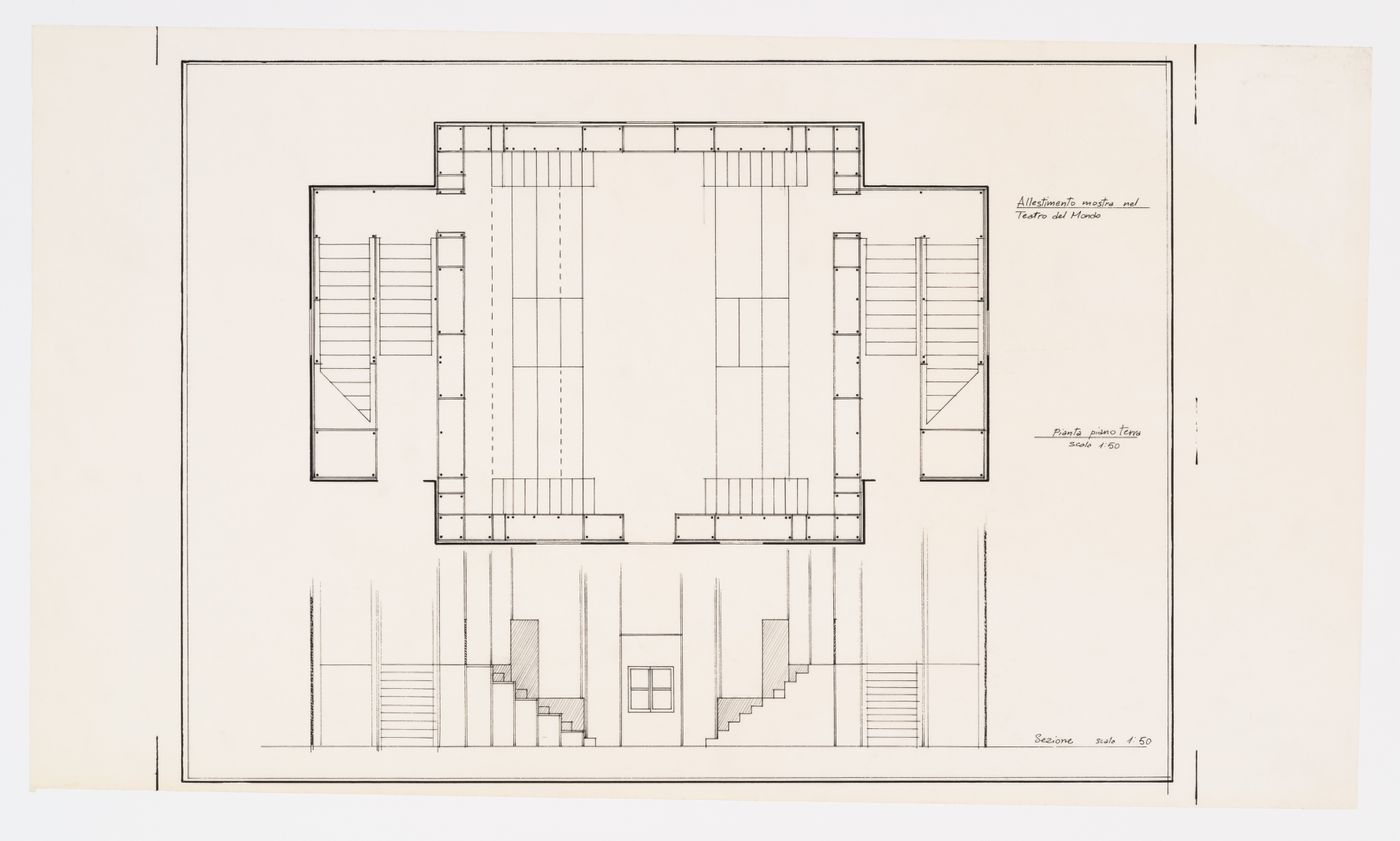 Plan and section of the exhibition set up at the Teatro del Mondo (Allestimento mostra nel Teatro del Mondo), Venice, Italy