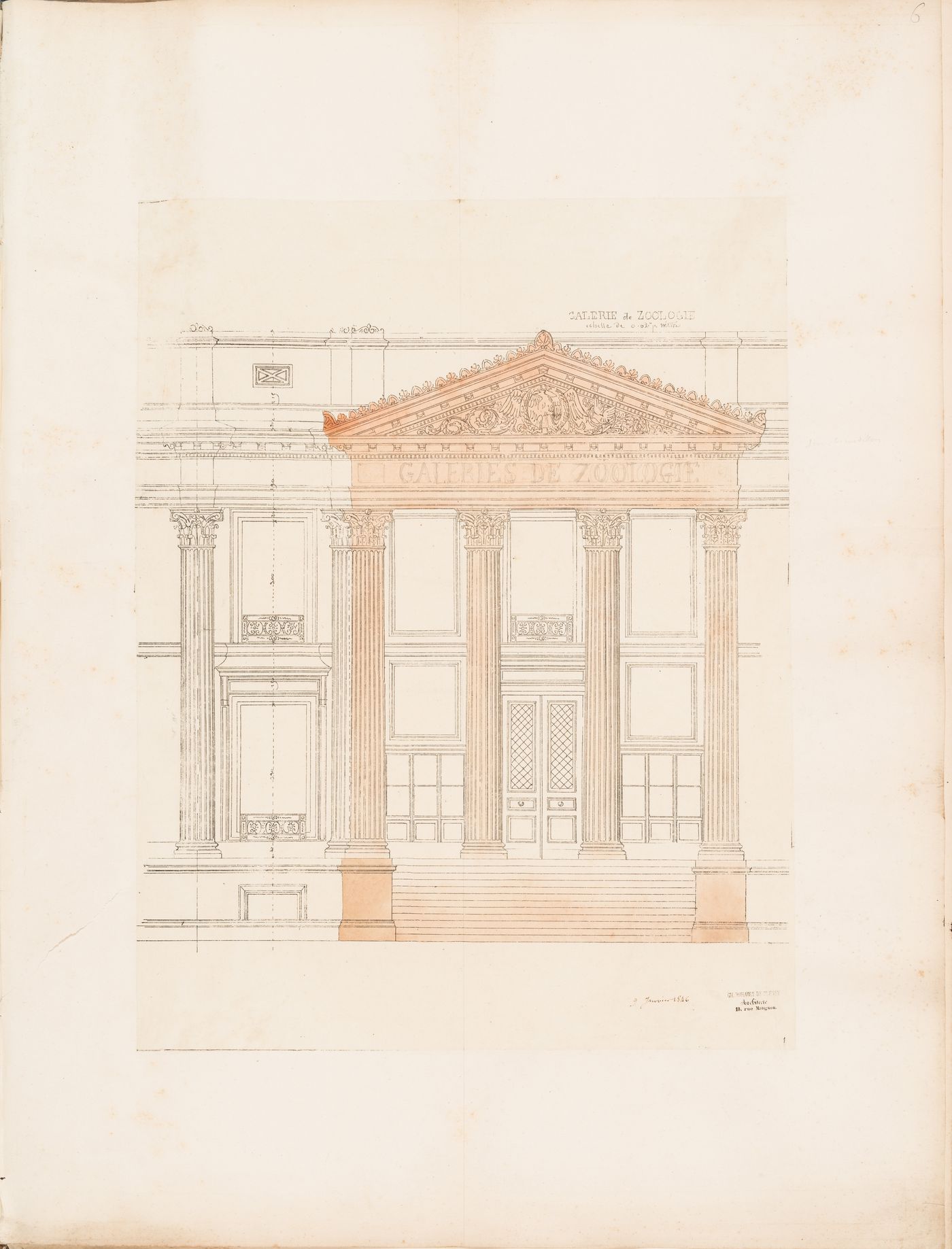 Project for a Galerie de zoologie, 1846: Partial elevation showing the entrance portico