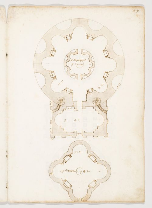 Plan of an unidentified circular building with a vestibule ("Temple of Mars") ; bottom: Plan of a tetrachonch tomb on the Via Appia, Rome