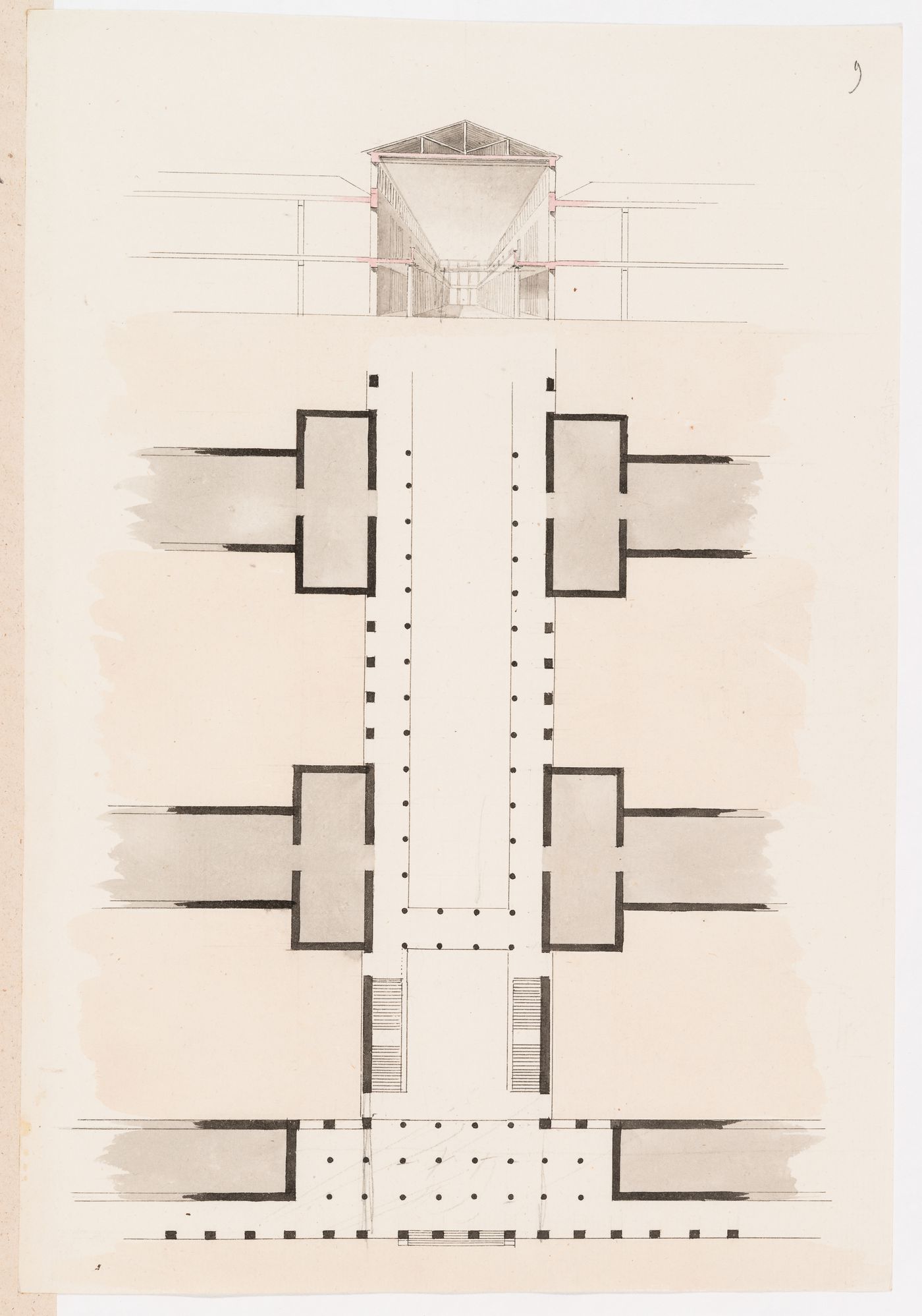 Ideal hospital near the barriére de Monceau, Paris [?]: Partial plan and sectional perspective; verso: Sketches for a hospital