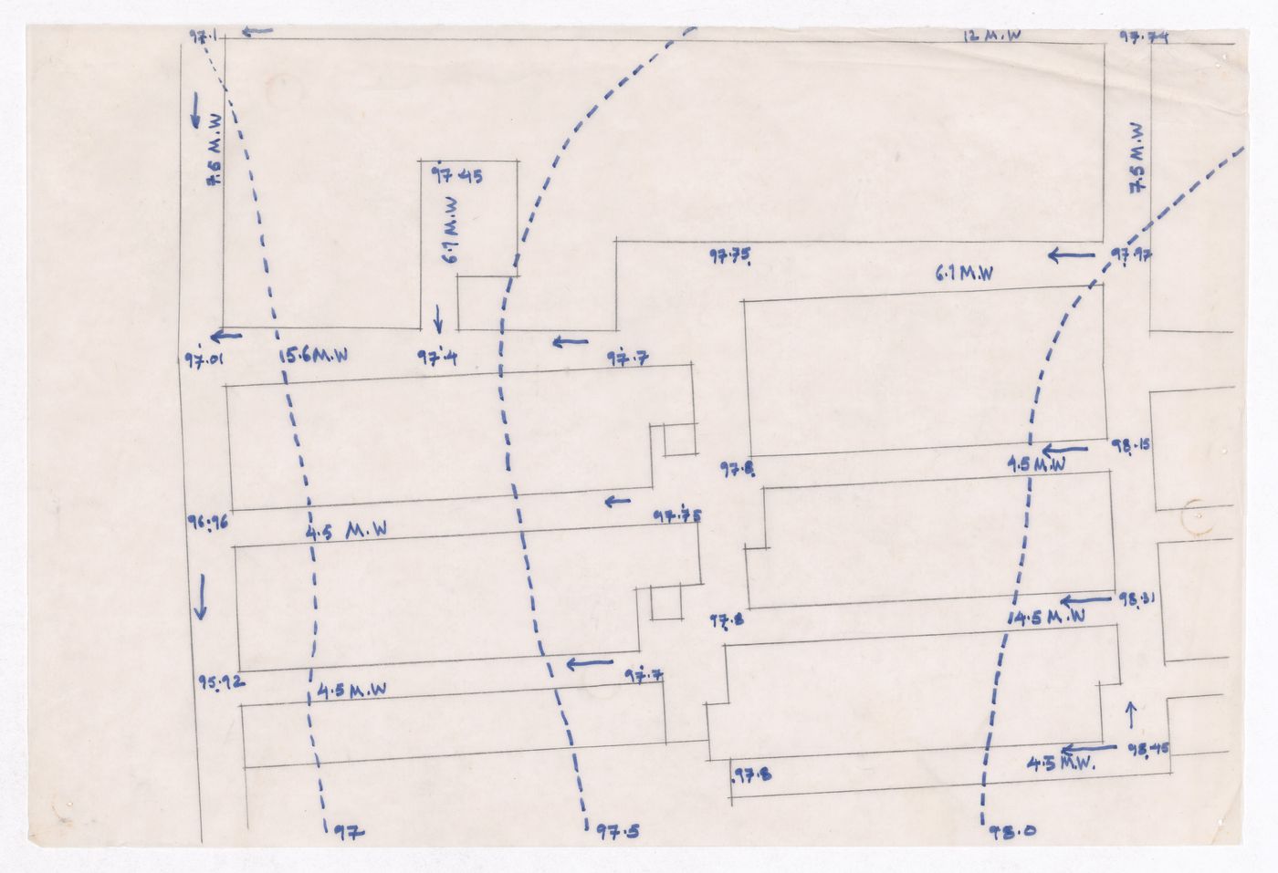 Sketch plan of plots showing ground levels and water distribution for Minimum Cost Housing Group's plot in Aranya township, India, for Aranya Housing Project