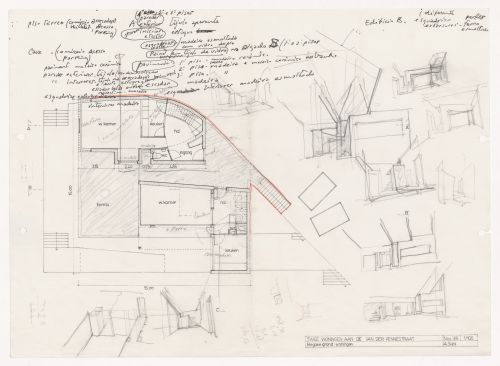 Plan and sketches for Duas habitações e duas lojas [Housing and shopping complex, Schilderswijk], The Hague