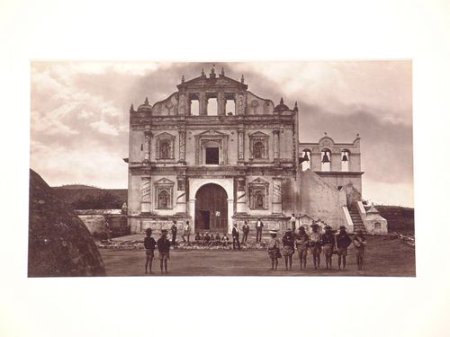 Church, exterior view with rows of people in front, Antigua, Guatemala