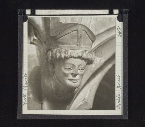 View of sculpture of head in Chapter House of York Minster, York, North Yorkshire, England
