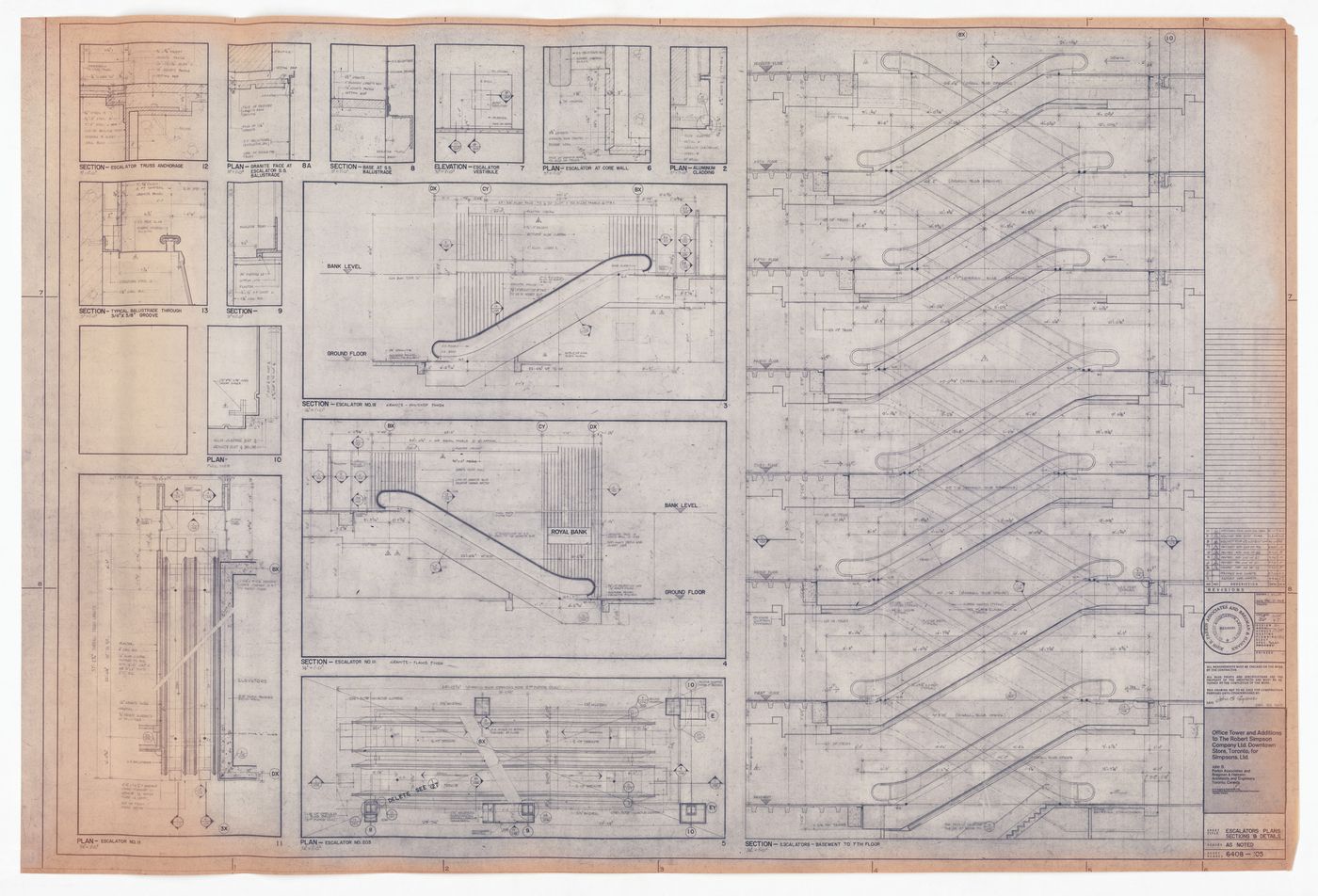 Construction escalator plans, details and sections for The Robert Simpson Company Limited Downtown Store, Office Tower and Additions, Toronto