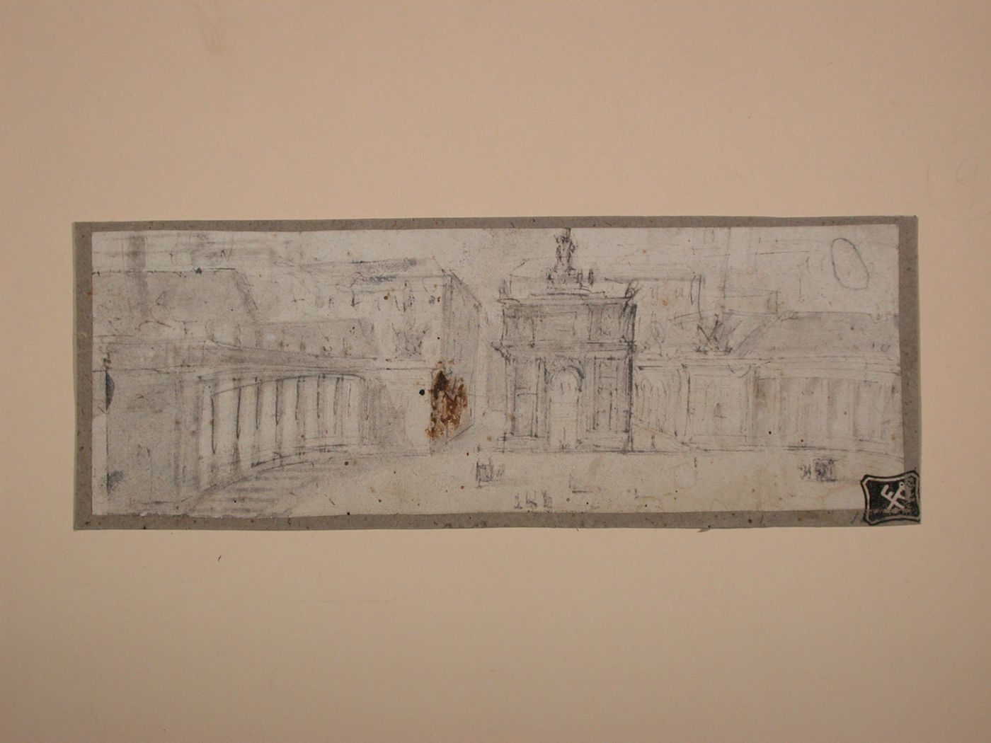 Visionary design for a square with a curving colonnade and a triumphal arch