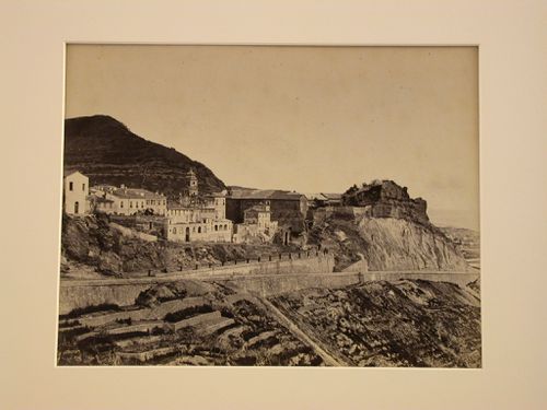 View of a small town on a hillside, with terraced vineyards, Ventimiglia, Italy