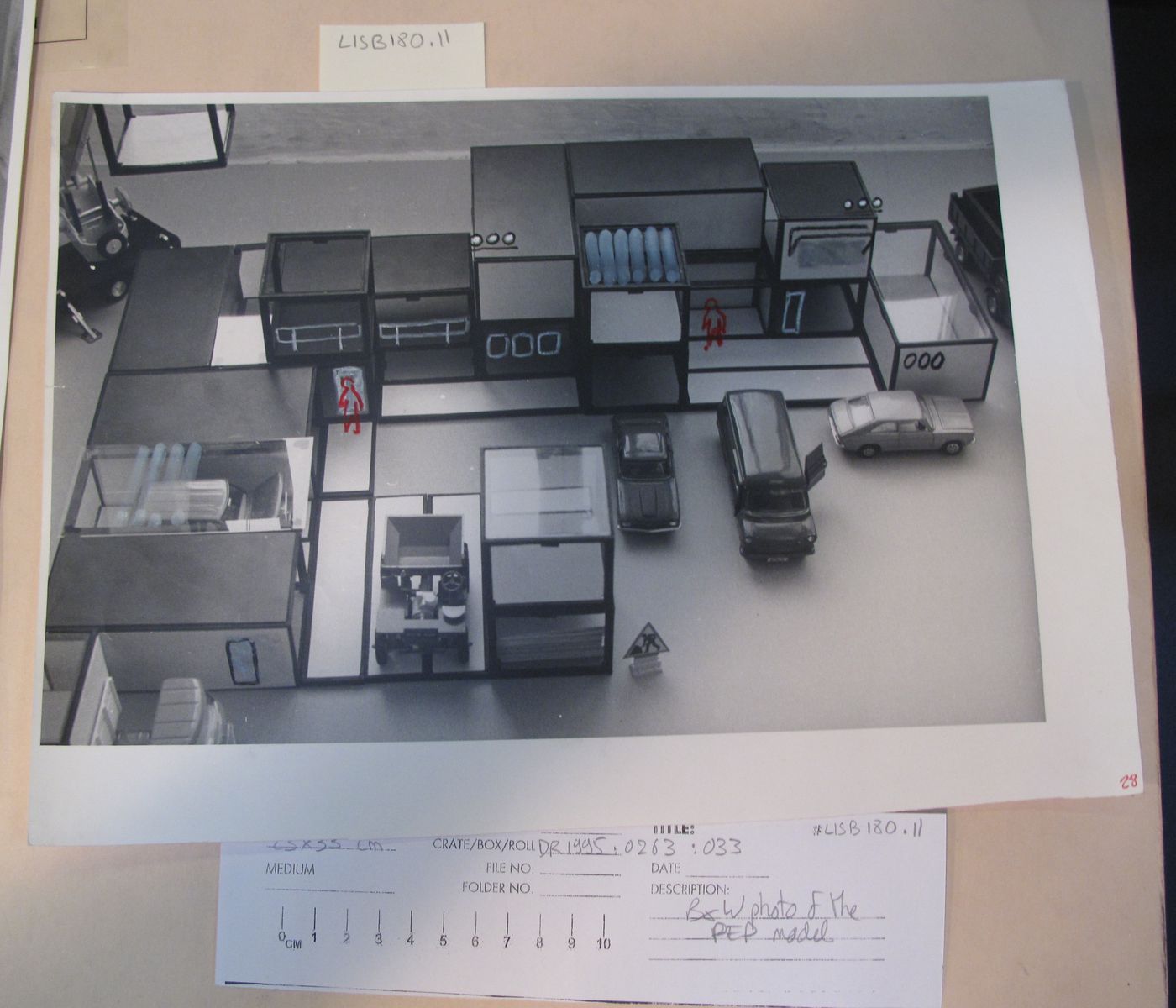 McAppy: view of elements from the model for the Portable Enclosures Programme, modified by hand to add details and human figures