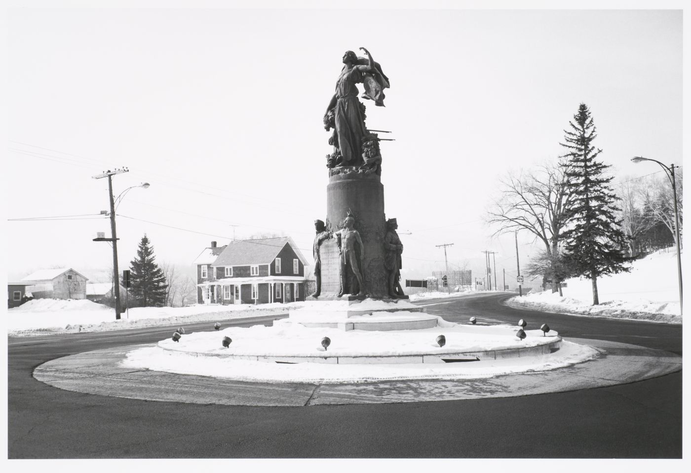 Ticonderoga Monument with road circling around it, in the snow, Ticonderoga, New York