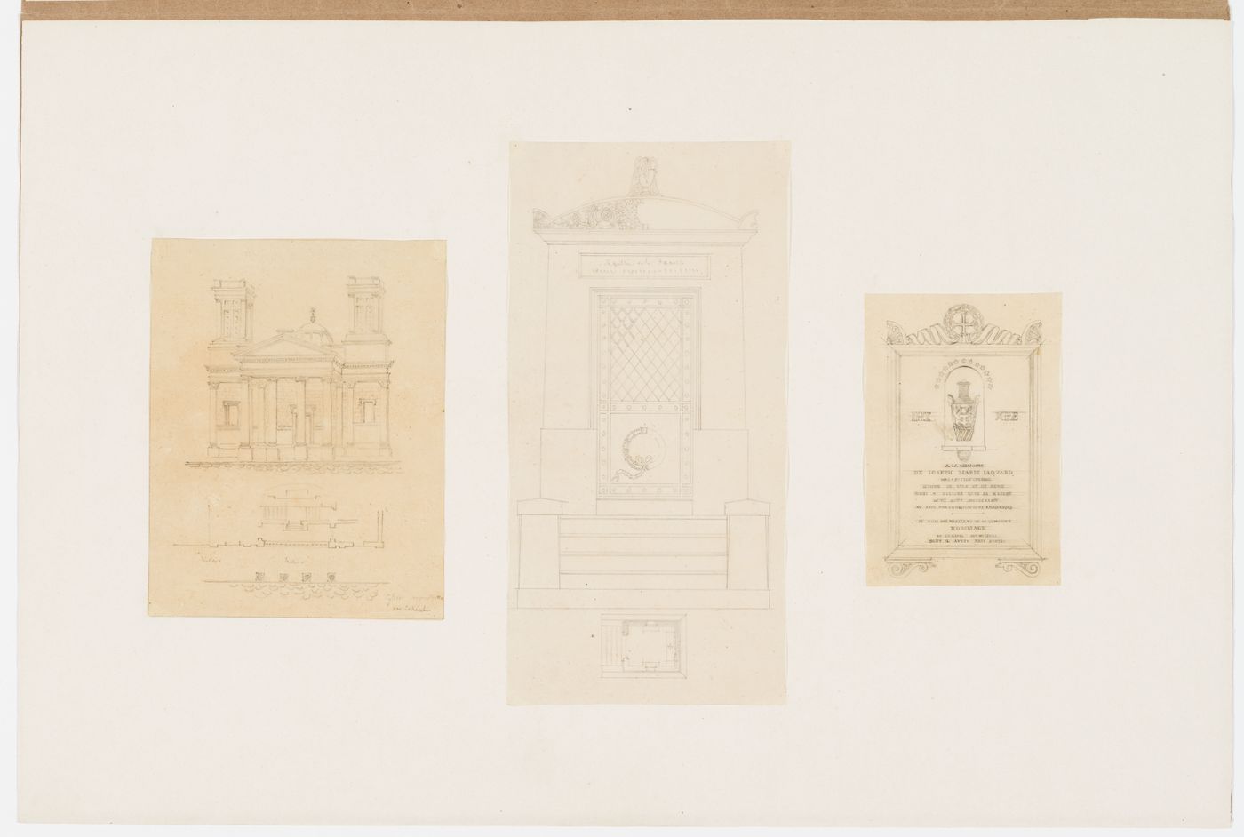 Front elevation and two partial plans of the Hanover Chapel, London, after C.R. Cockerell; Exterior elevation and ground plan of a sepulchral chapel; Elevation of a funerary plaque or tombstone dedicated to Joseph Marie Jaquard Mecanicien, 7 August 1834