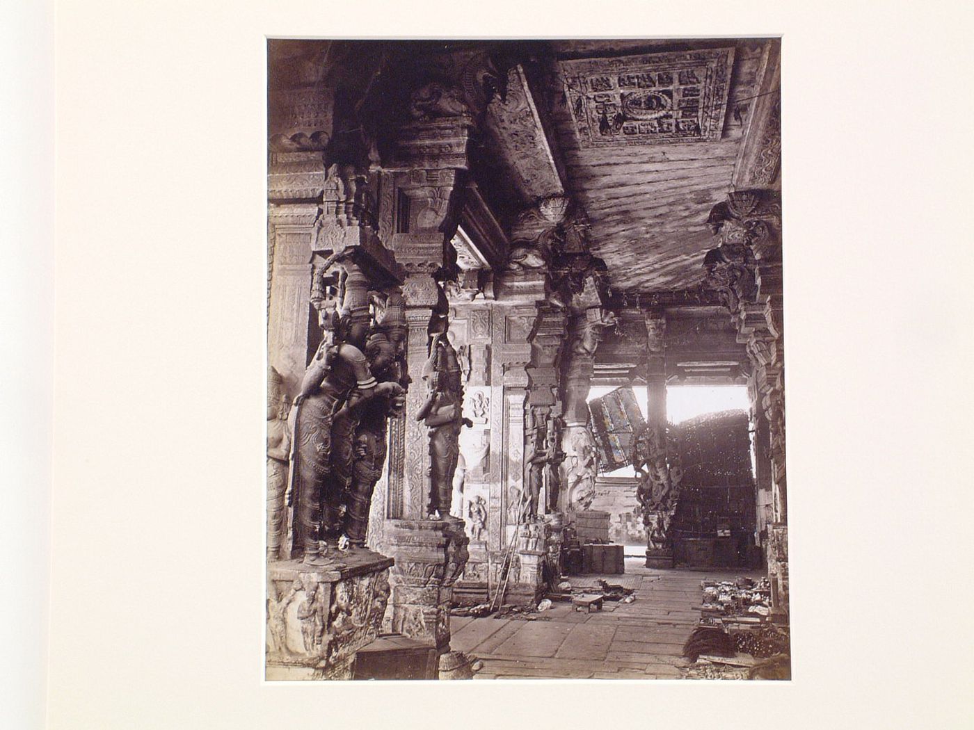 Interior view of the Pudu Mandapa (also known as Thirumalai Nayak's Choultrie) Minakshi Sundaresvara Temple, Madura (now Madurai), India