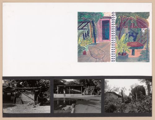 Presentation panel with pages of a sketchbook with landscape rendering and photographs of houses surrounding landscape for the Urban Upgrading project La Esperanza, in Zihuatanejo, Mexico