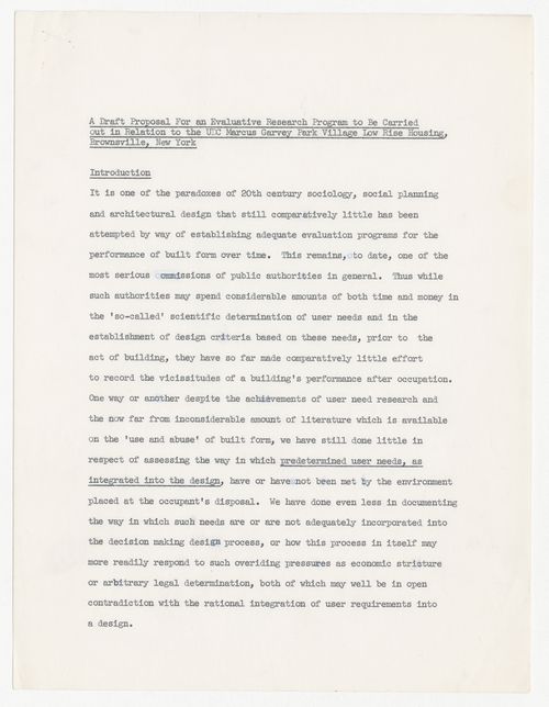 Draft proposal for an evaluative research program to be carried out in relation to the Urban Development Corporation (UDC) Marcus Garvey Park Village Low Rise Housing, Brownsville, New York