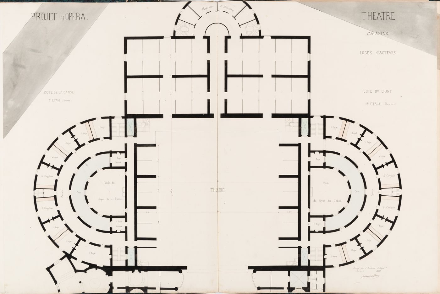 Project for an opera house for the Théâtre impérial de l'opéra: Second floor plan showing the storerooms, "cote de la danse", and "cote du chant", including the actors' dressing rooms
