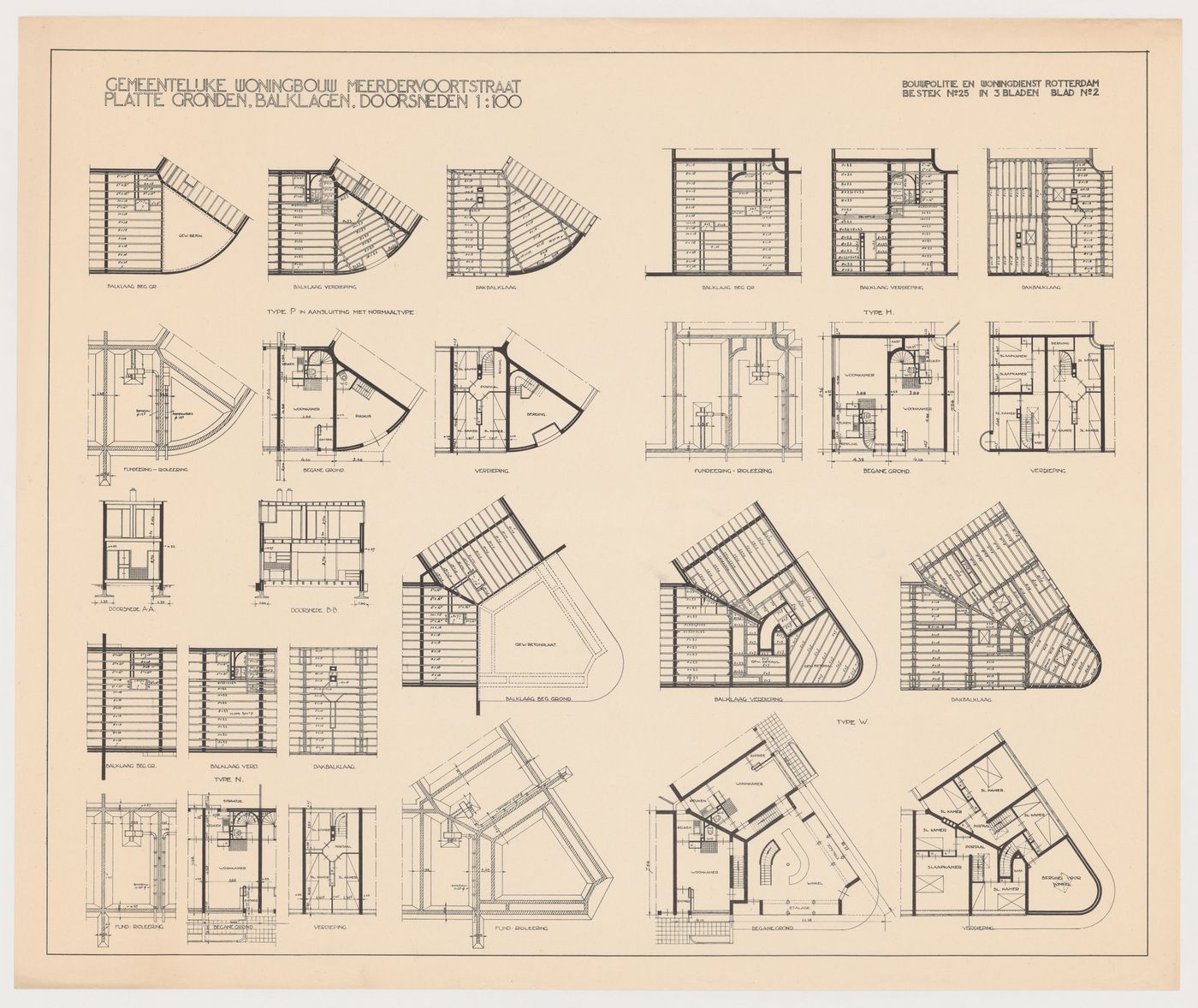 Plans, framing plans, foundation plans and sections for Kiefhoek Housing Estate, Meerdervoortstraat, Rotterdam, Netherlands