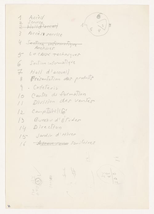 Key to building spaces with sketch plan for Sede da Companhia Dom [Dom Company Headquarters], Cologne, Germany