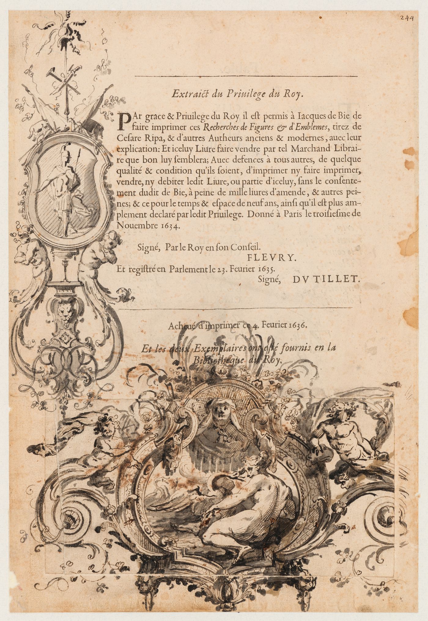 Ornamental drawing on a folio of the 1636 French edition of Cesare Ripa's "Iconologie"