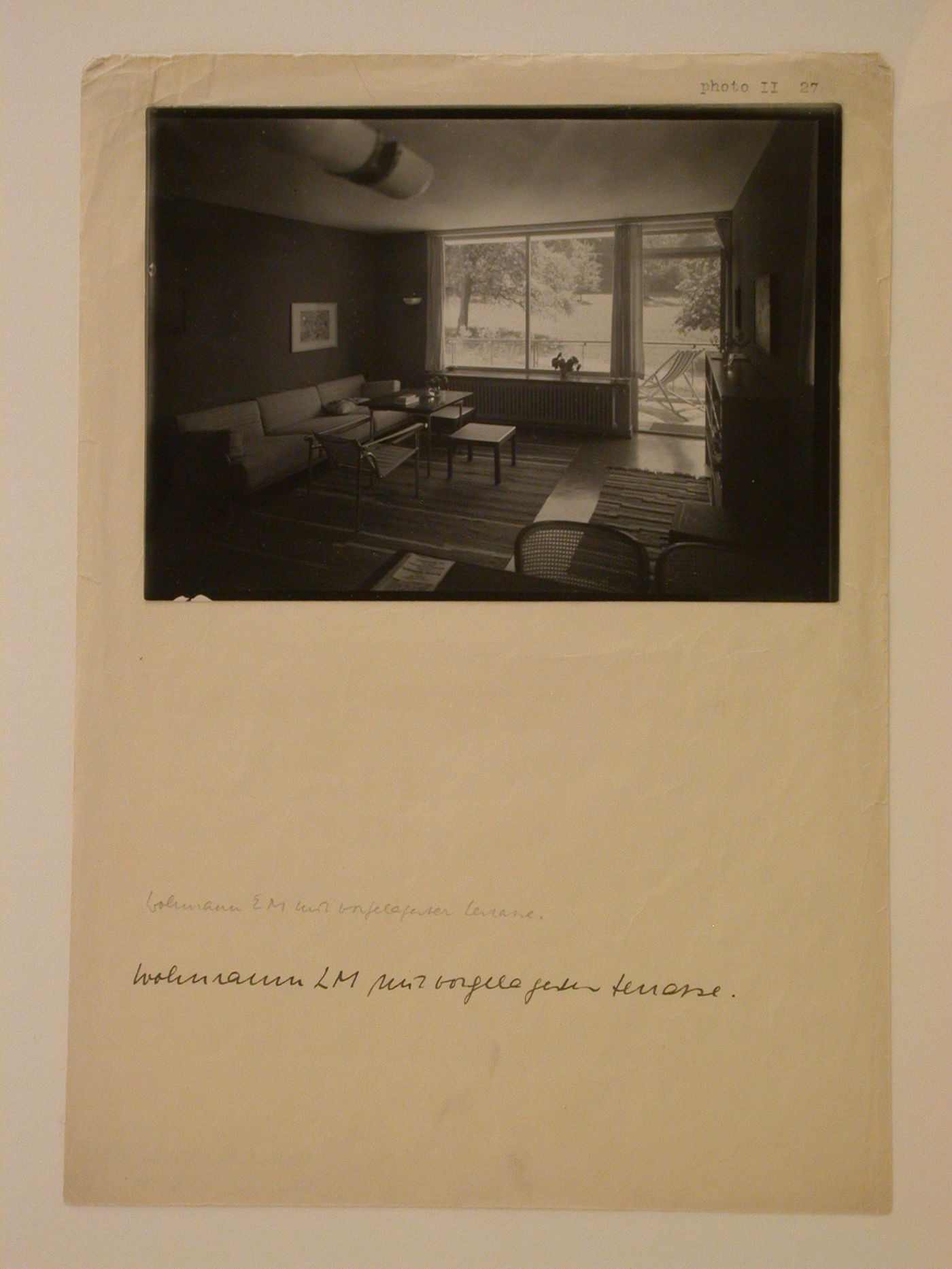 Interior view of the living room of a Type LM model apartment showing furniture designed by Max Ernst Haefeli, Le Corbusier, Pierre Jeanneret and Charlotte Perriand, Werkbundsiedlung Neubühl, Zurich, Switzerland