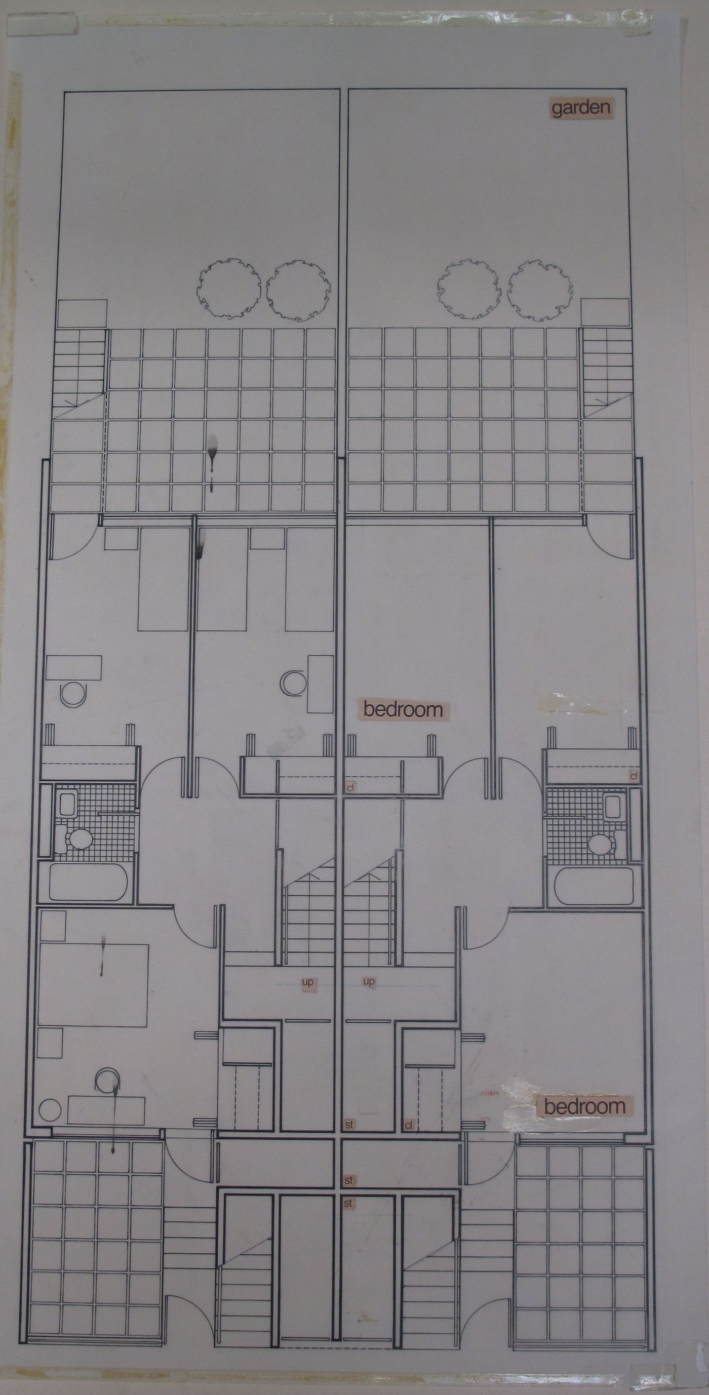 Plan of a two-bedroom unit on the ground floor of a Low-Rise High Density building at Brownsville