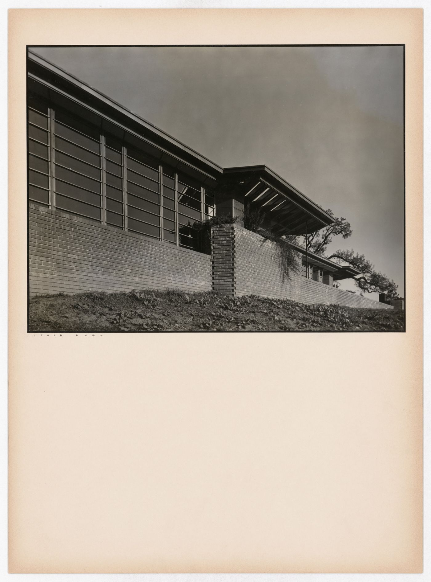 Partial view of the Hanna House showing windows and overhangs, Palo Alto, California, United States