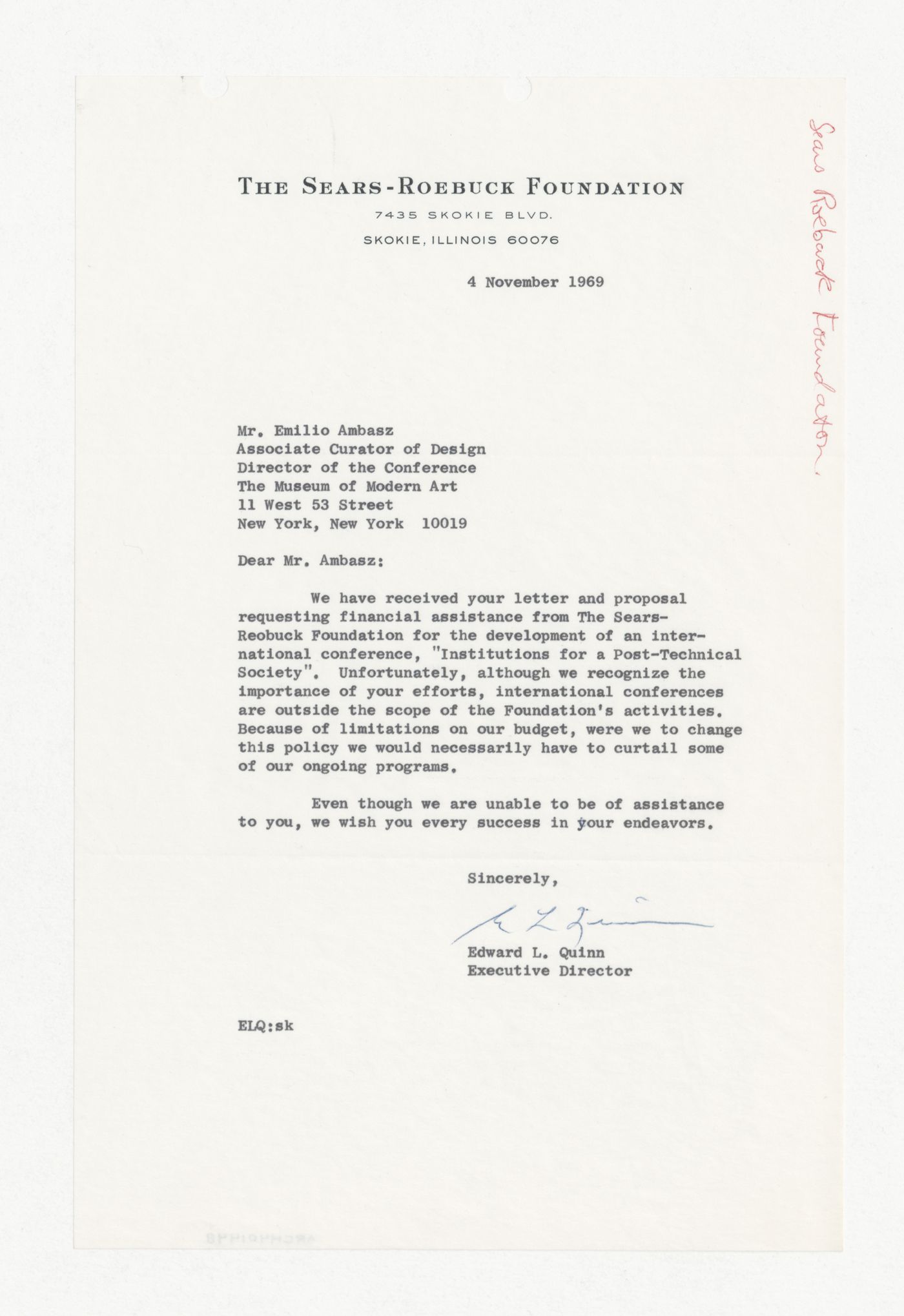 Letter from Edward L. Quinn to Emilio Ambasz responding to proposal for Institutions for a Post-Technological Society conference