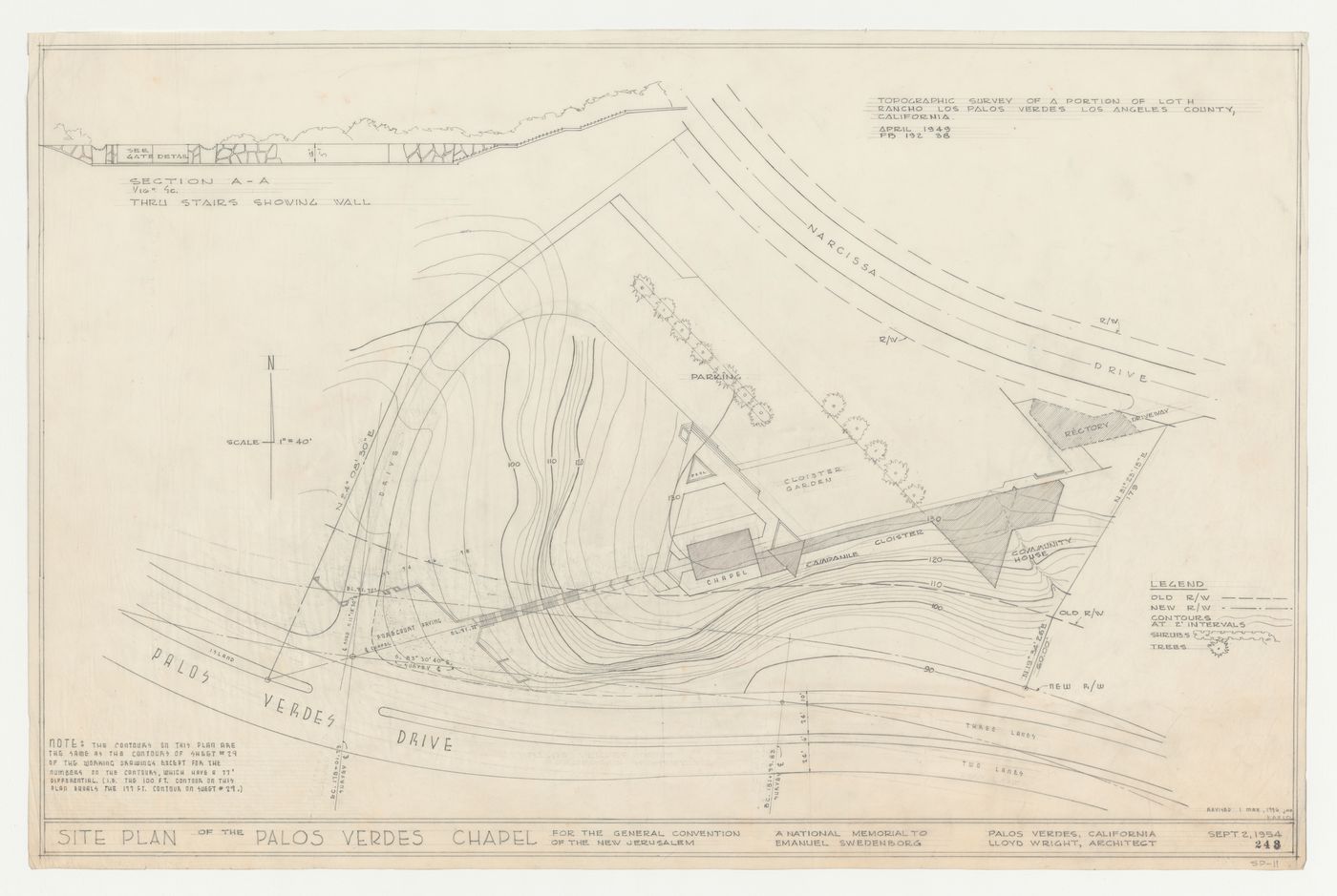 Wayfarers' Chapel, Palos Verdes, California: Site plan based on a topographic survey, with section through entrance steps showing gateway