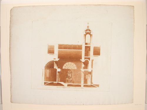 Longitudinal section of a mausoleum in a wooded setting