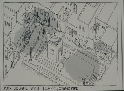 Axonometric view of main square with temple for the Aranya Housing Project, Indore, India