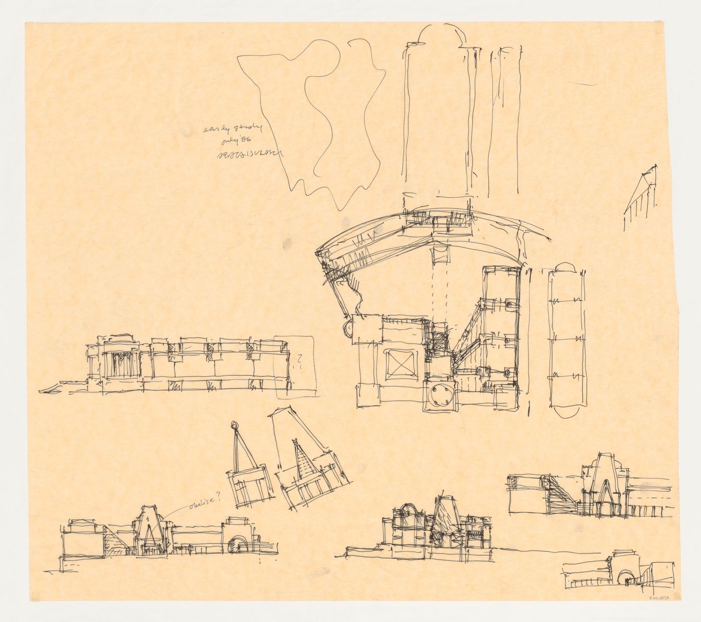 Site plan, elevations, section and interior view for the Brooklyn Museum master plan, first phase