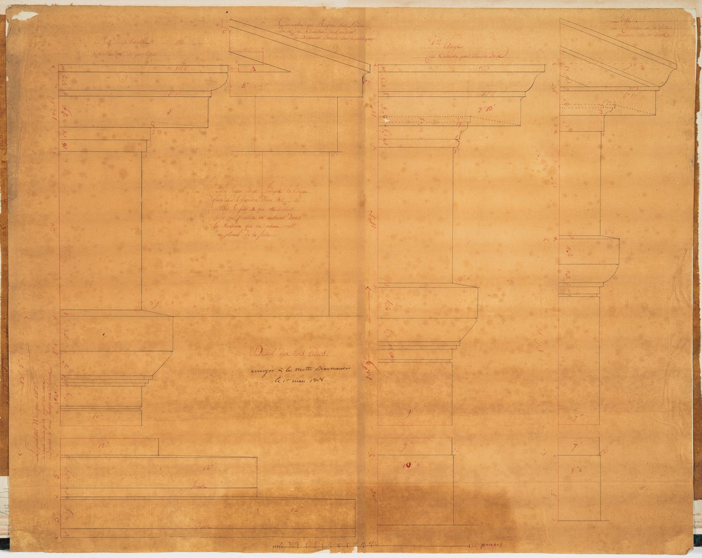 Project for a château for M. de Lorgeril, Motte Beaumanoir: Details for the entablature, cornices and columns for the porches