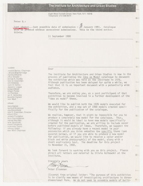 Memorandum from Silvia Kolbowski to Peter D. Eisenman about publication deadline for the Idea as Model catalogue