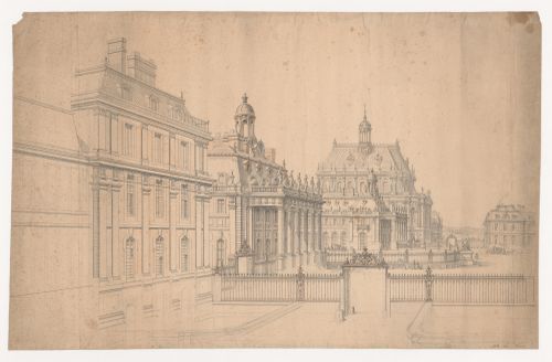 Perspective drawing, from the south, of the Château de Versailles showing "les ailes des communs", the "cour royale", and the chapel