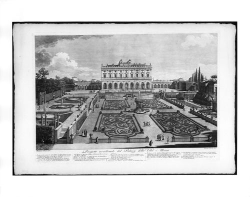 A view of the casino and gardens of the Villa Albani