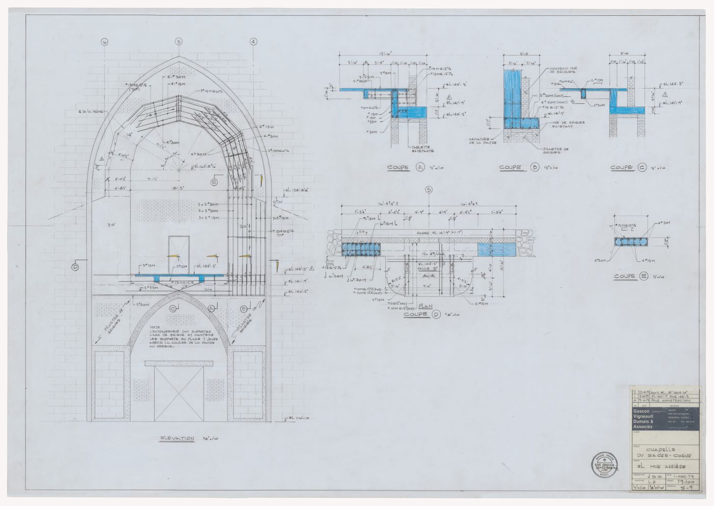 Elevation and sections for the rear wall for the reconstruction of the Chapelle du Sacré-Coeur, Notre-Dame de Montréal