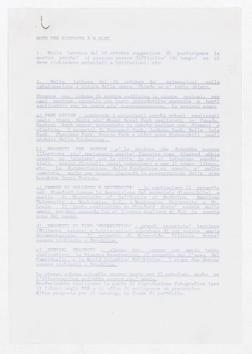 Notes for correspondence to William Alex for the exhibition Olmsted: L'origine del parco urbano e del parco naturale contemporaneo