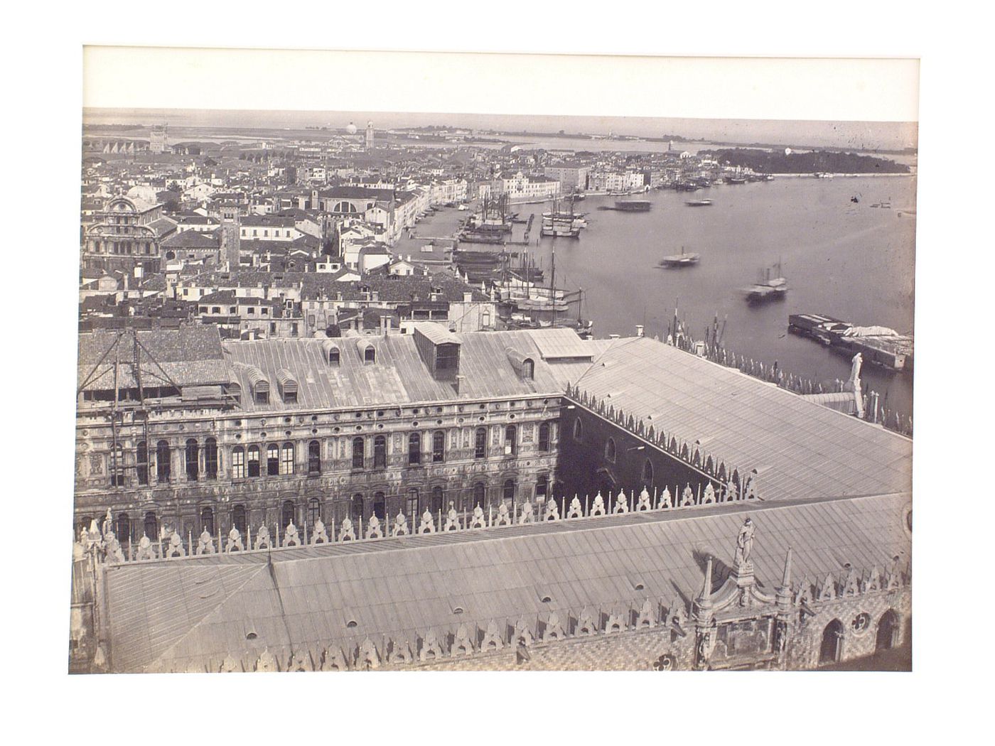 View from the bell tower of St. Mark's toward the Riva degli Schiavoni; roof of Doge's Palace, Venice, Italy